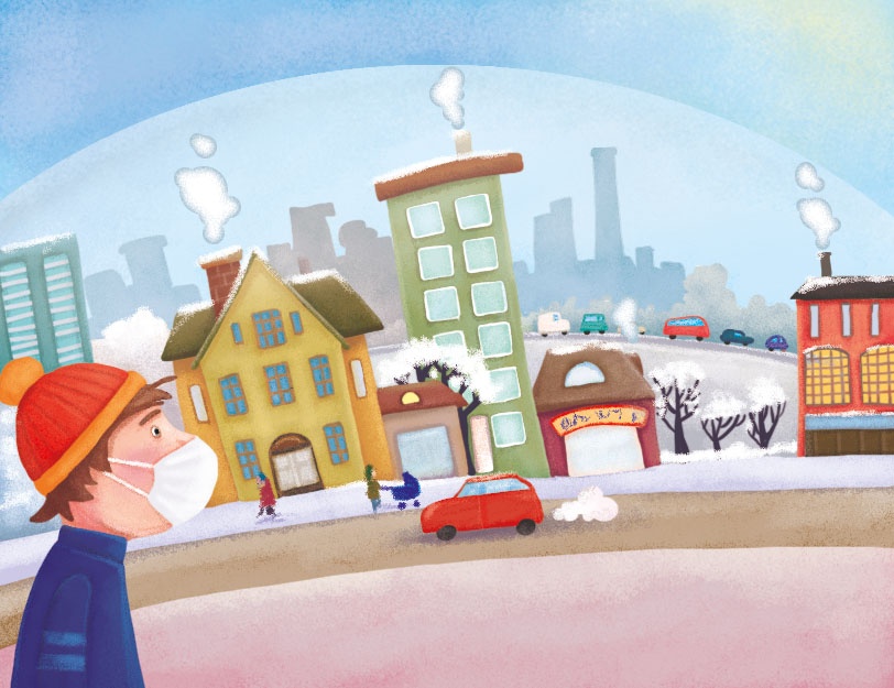 Chłopiec w maseczce spaceruje przez miasto zimą, mija samochody na drodze